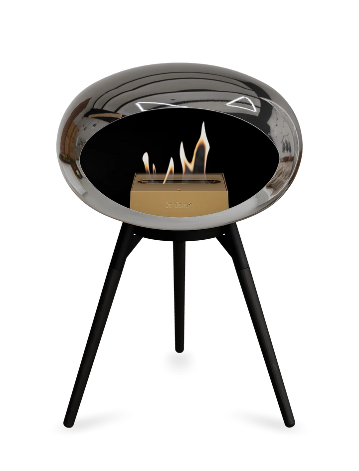 Le Feu GROUND LOW Bioethanol Standkamin Chrom Silber - Brennschale Schwarz Standfüße Schwarze Eiche Brenner Roségold - freistehender Ethanol Kamin ohne Schornstein