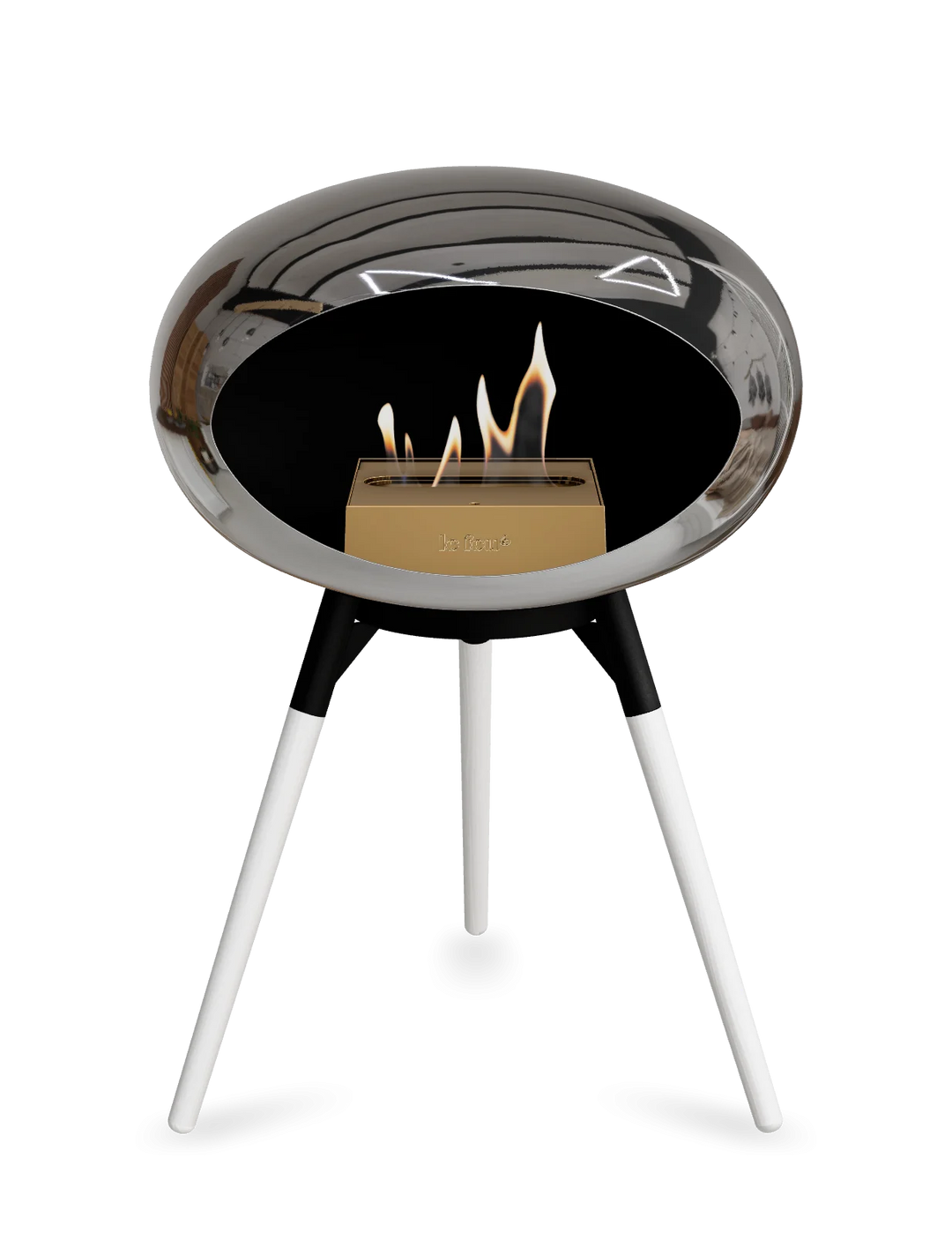 Le Feu GROUND LOW Bioethanol Standkamin Chrom Silber - Brennschale Schwarz Standfüße Weiße Eiche Brenner Roségold - freistehender Ethanol Kamin ohne Schornstein