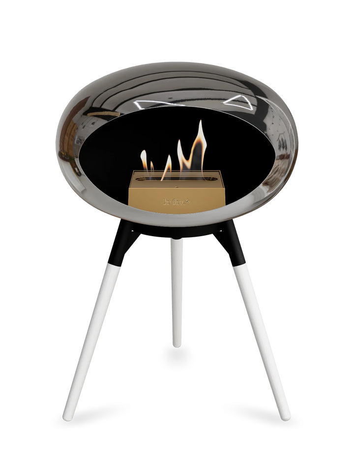 Le Feu GROUND LOW Bioethanol Standkamin Chrom Silber - Brennschale Schwarz Standfüße Weiße Eiche Brenner Roségold - freistehender Ethanol Kamin ohne Schornstein