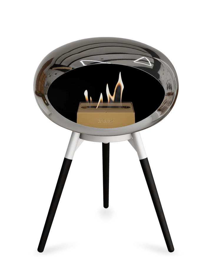 Le Feu GROUND LOW Bioethanol Standkamin Chrom Silber - Brennschale Weiß Standfüße Schwarze Eiche Brenner Roségold - freistehender Ethanol Kamin ohne Schornstein