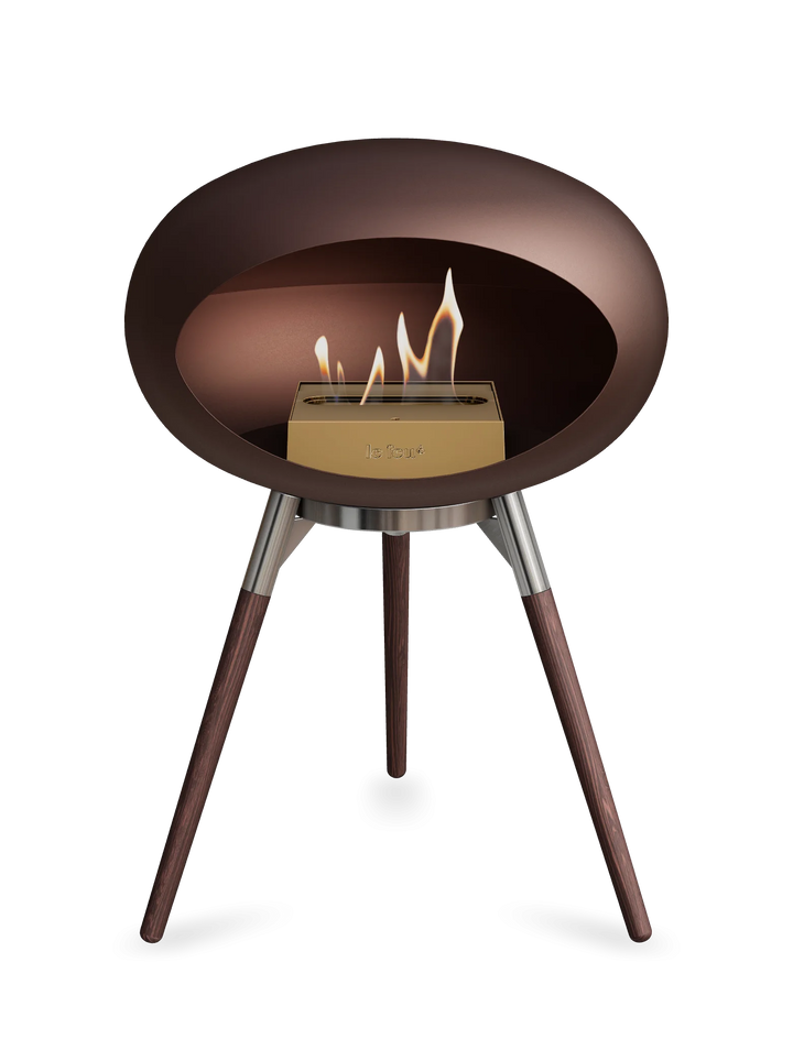 Le Feu GROUND LOW Bioethanol Standkamin Mokka - Brennschale Edelstahl Standfüße Geräucherte Eiche Brenner Roségold - freistehender Ethanol Kamin ohne Schornstein