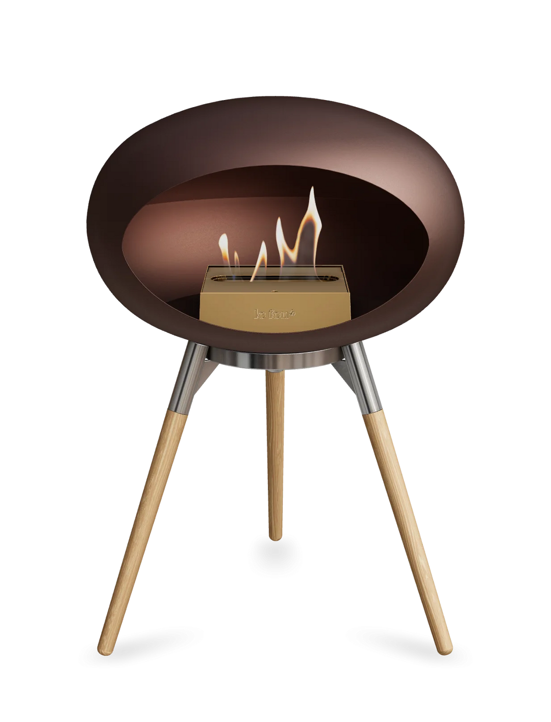 Le Feu GROUND LOW Bioethanol Standkamin Mokka - Brennschale Edelstahl Standfüße Seifenbehandelte Eiche Brenner Roségold - freistehender Ethanol Kamin ohne Schornstein