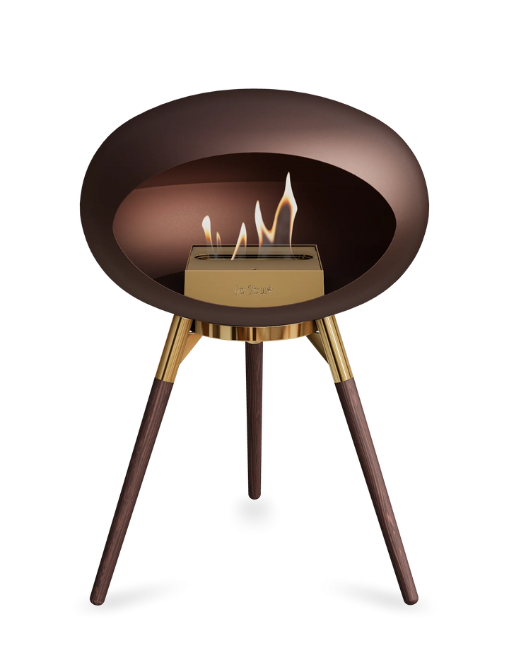 Le Feu GROUND LOW Bioethanol Standkamin Mokka - Brennschale Roségold Standfüße Geräucherte Eiche Brenner Roségold - freistehender Ethanol Kamin ohne Schornstein