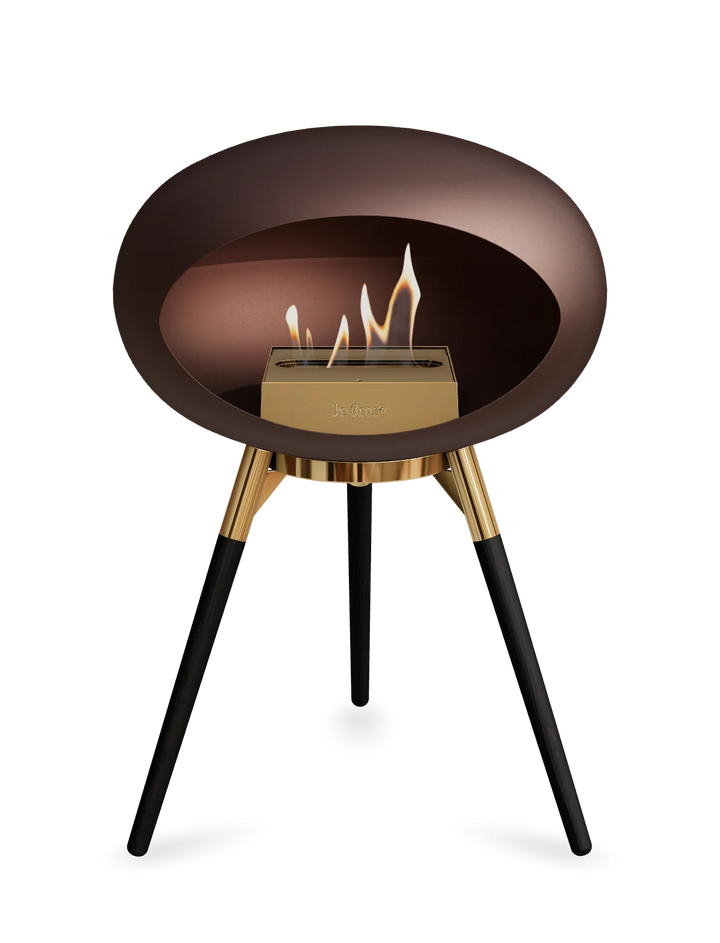 Le Feu GROUND LOW Bioethanol Standkamin Mokka - Brennschale Roségold Standfüße Schwarze Eiche Brenner Roségold - freistehender Ethanol Kamin ohne Schornstein
