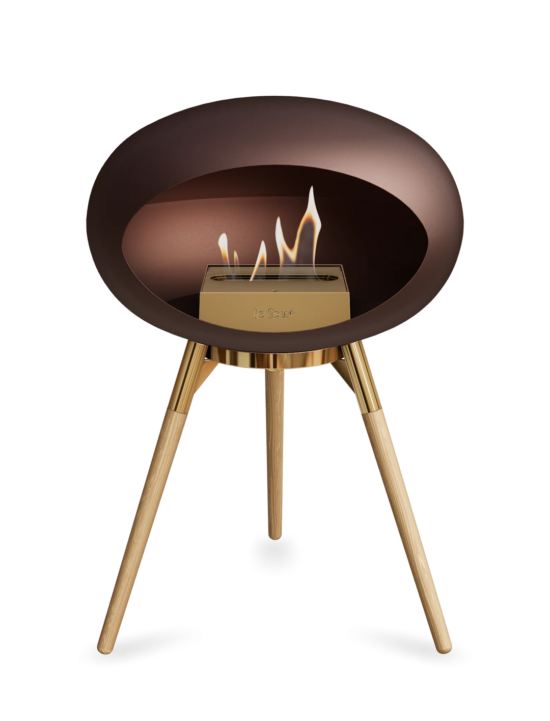 Le Feu GROUND LOW Bioethanol Standkamin Mokka - Brennschale Roségold Standfüße Seifenbehandelte Eiche Brenner Roségold - freistehender Ethanol Kamin ohne Schornstein
