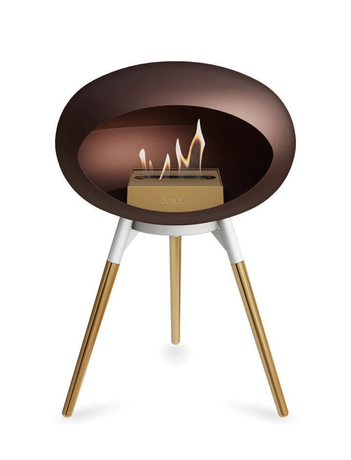 Le Feu GROUND LOW Bioethanol Standkamin Mokka - Brennschale Weiß Standfüße Roségold Brenner Roségold - freistehender Ethanol Kamin ohne Schornstein