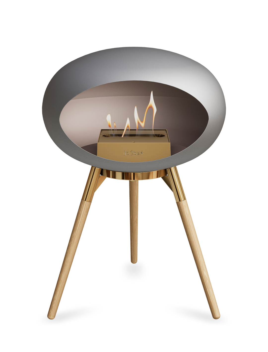 Le Feu GROUND LOW Bioethanol Standkamin Nickel - Brennschale Roségold Standfüße Seifenbehandelte Eiche Brenner Roségold - freistehender Ethanol Kamin ohne Schornstein
