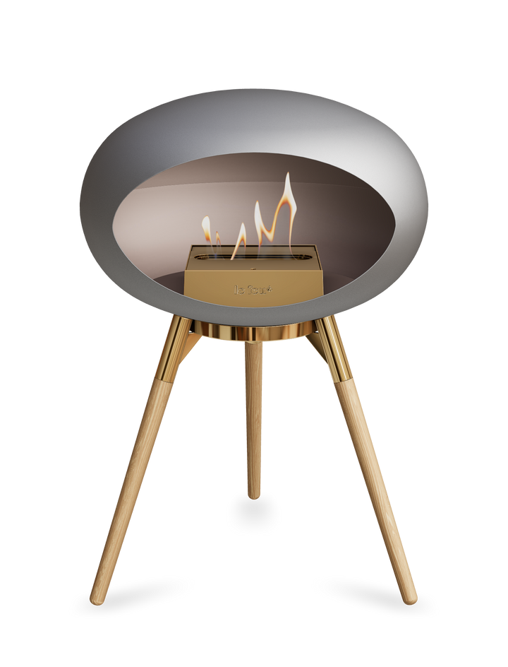 Le Feu GROUND LOW Bioethanol Standkamin Nickel - Brennschale Roségold Standfüße Seifenbehandelte Eiche Brenner Roségold - freistehender Ethanol Kamin ohne Schornstein