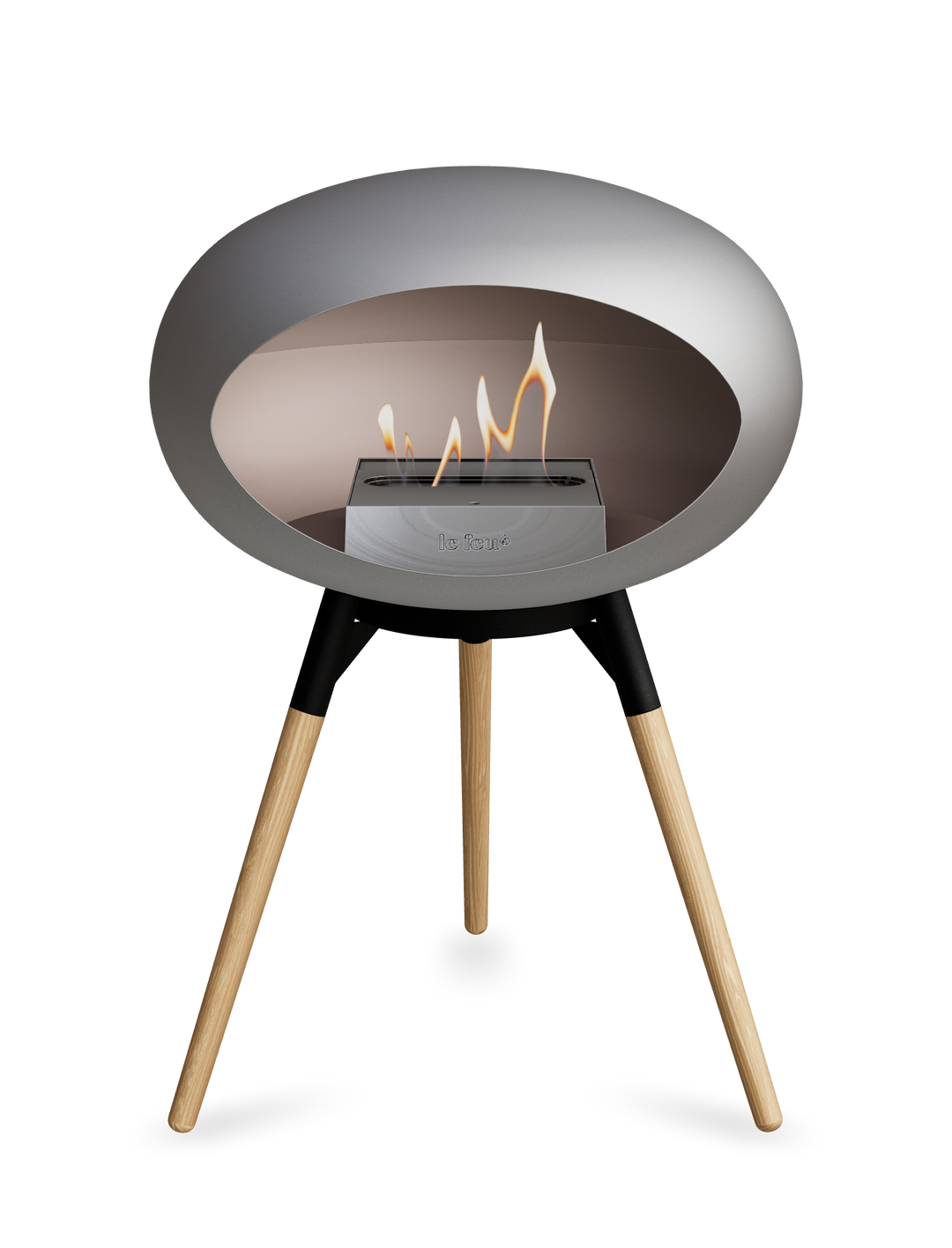 Le Feu GROUND LOW Bioethanol Standkamin Nickel - Brennschale Schwarz Standfüße Seifenbehandelte Eiche Brenner Edelstahl - freistehender Ethanol Kamin ohne Schornstein