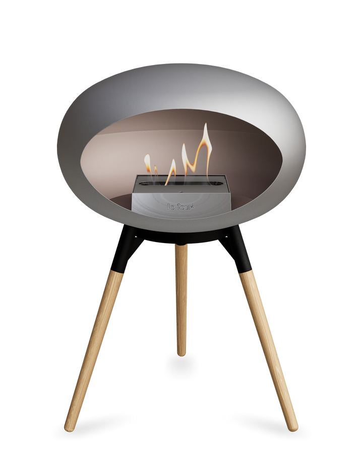 Le Feu GROUND LOW Bioethanol Standkamin Nickel - Brennschale Schwarz Standfüße Seifenbehandelte Eiche Brenner Edelstahl - freistehender Ethanol Kamin ohne Schornstein