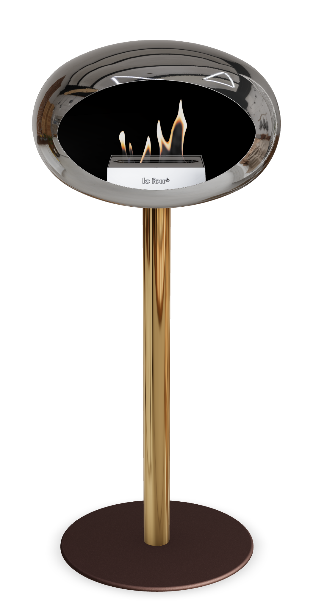Le Feu GROUND STEEL HIGH Chrom Silber Ø 60 mm – Rohr Roségold, Brenner Roségold, Bodenplatte Mokka
