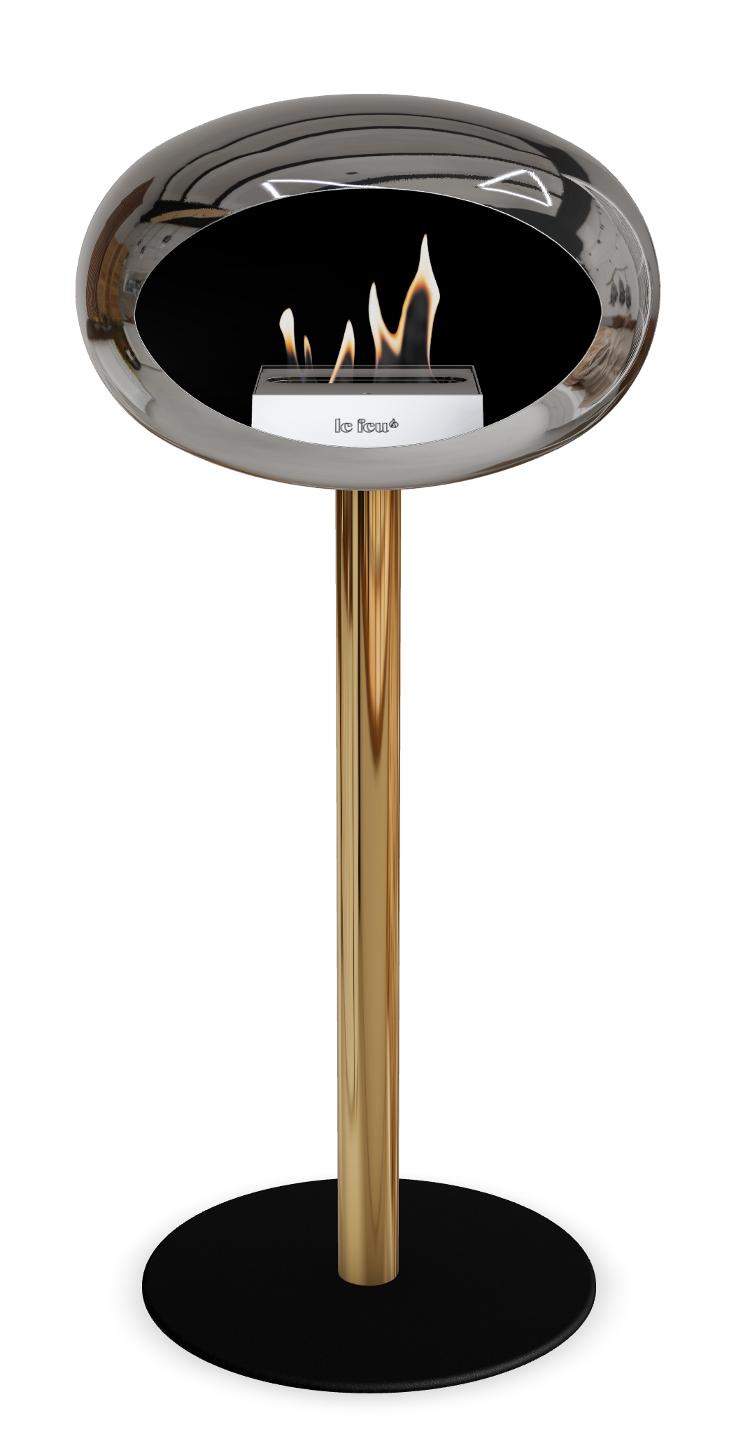 Le Feu GROUND STEEL HIGH Chrom Silber Ø 60 mm – Rohr Roségold, Brenner Roségold, Bodenplatte Schwarz