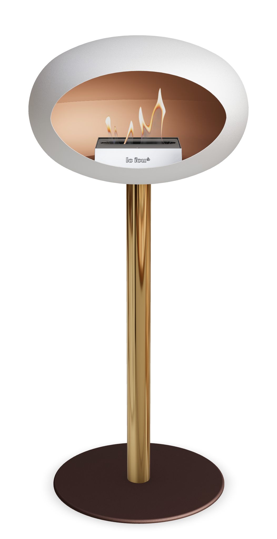 Le Feu GROUND STEEL HIGH Weiss Ø 60 mm – Rohr Roségold, Brenner Edelstahl, Bodenplatte Mokka