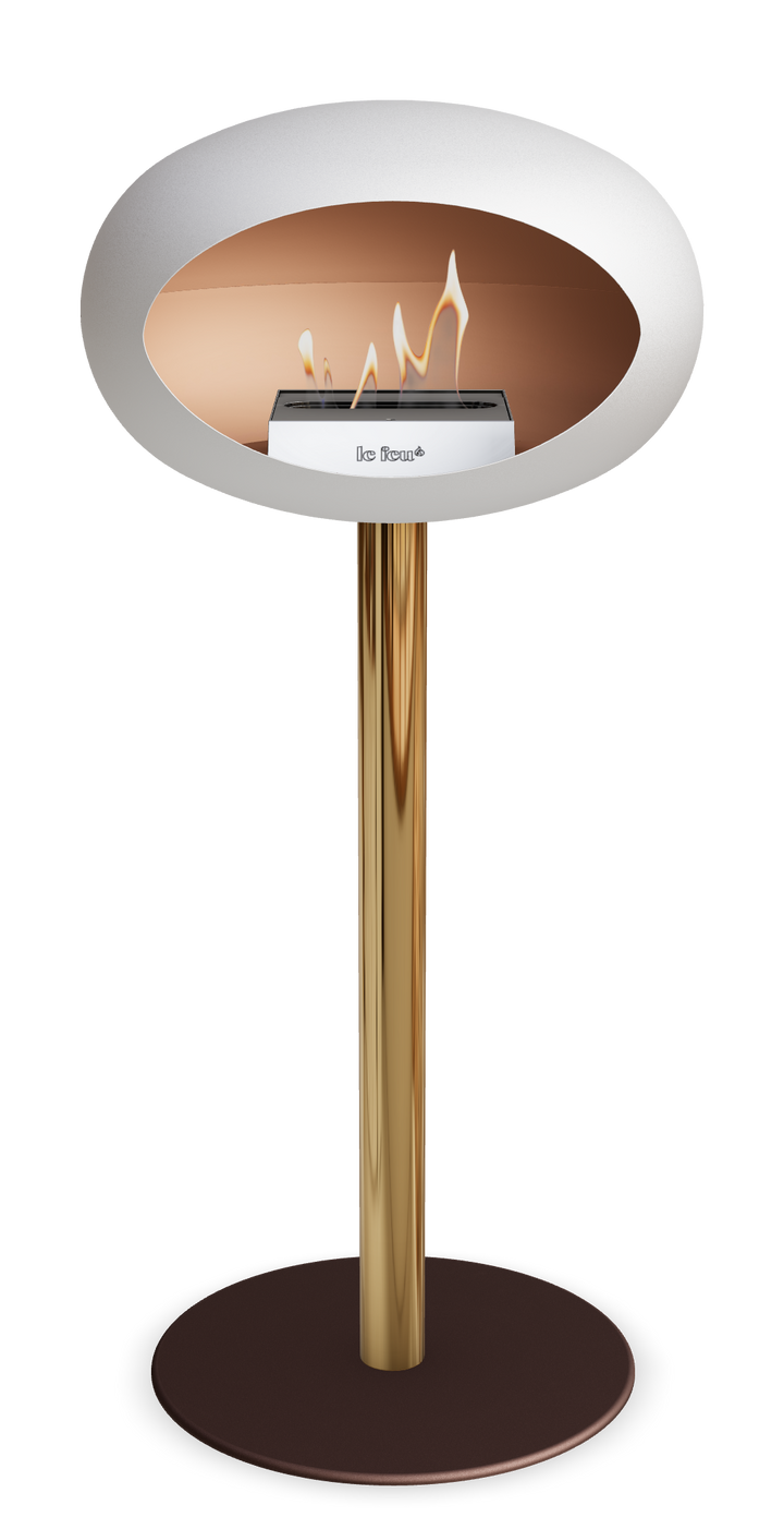 Le Feu GROUND STEEL HIGH Weiss Ø 60 mm – Rohr Roségold, Brenner Edelstahl, Bodenplatte Mokka