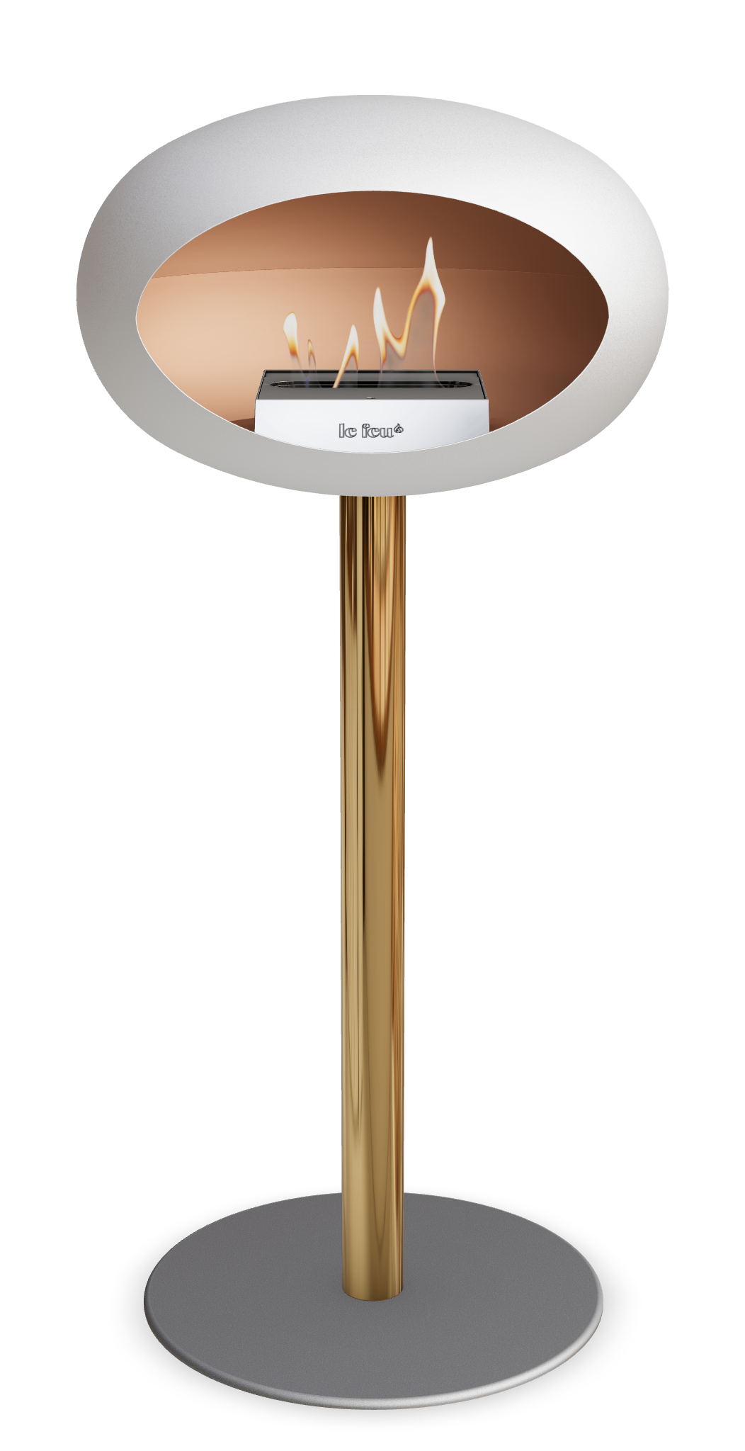 Le Feu GROUND STEEL HIGH Weiss Ø 60 mm – Rohr Roségold, Brenner Edelstahl, Bodenplatte Nickel