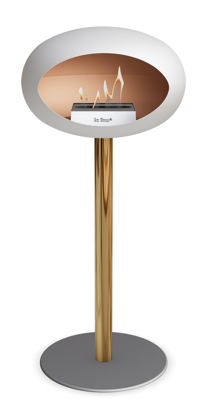 Le Feu GROUND STEEL HIGH Weiss Ø 60 mm – Rohr Roségold, Brenner Edelstahl, Bodenplatte Nickel