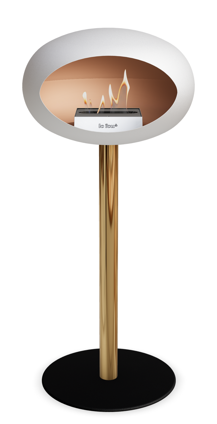 Le Feu GROUND STEEL HIGH Weiss Ø 60 mm – Rohr Roségold, Brenner Edelstahl, Bodenplatte Schwarz