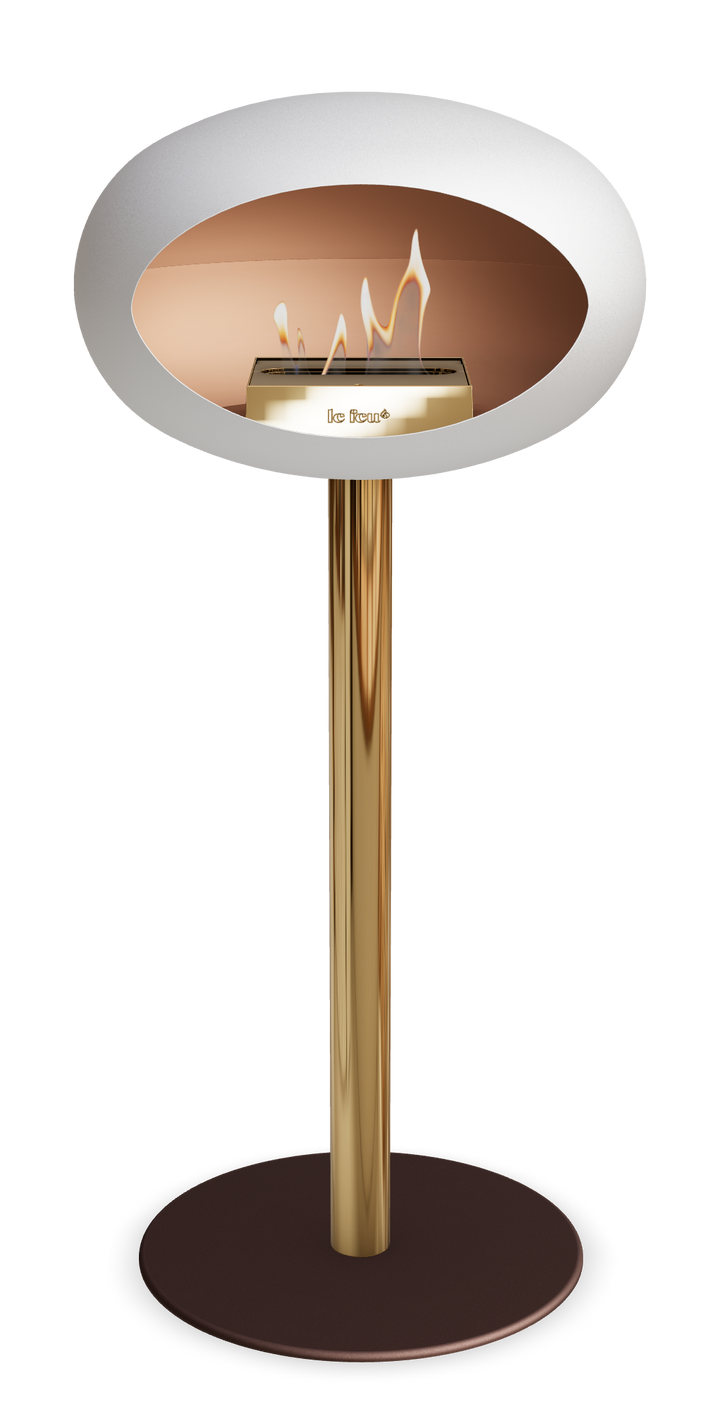 Le Feu GROUND STEEL HIGH Weiss Ø 60 mm – Rohr Roségold, Brenner Roségold, Bodenplatte Mokka