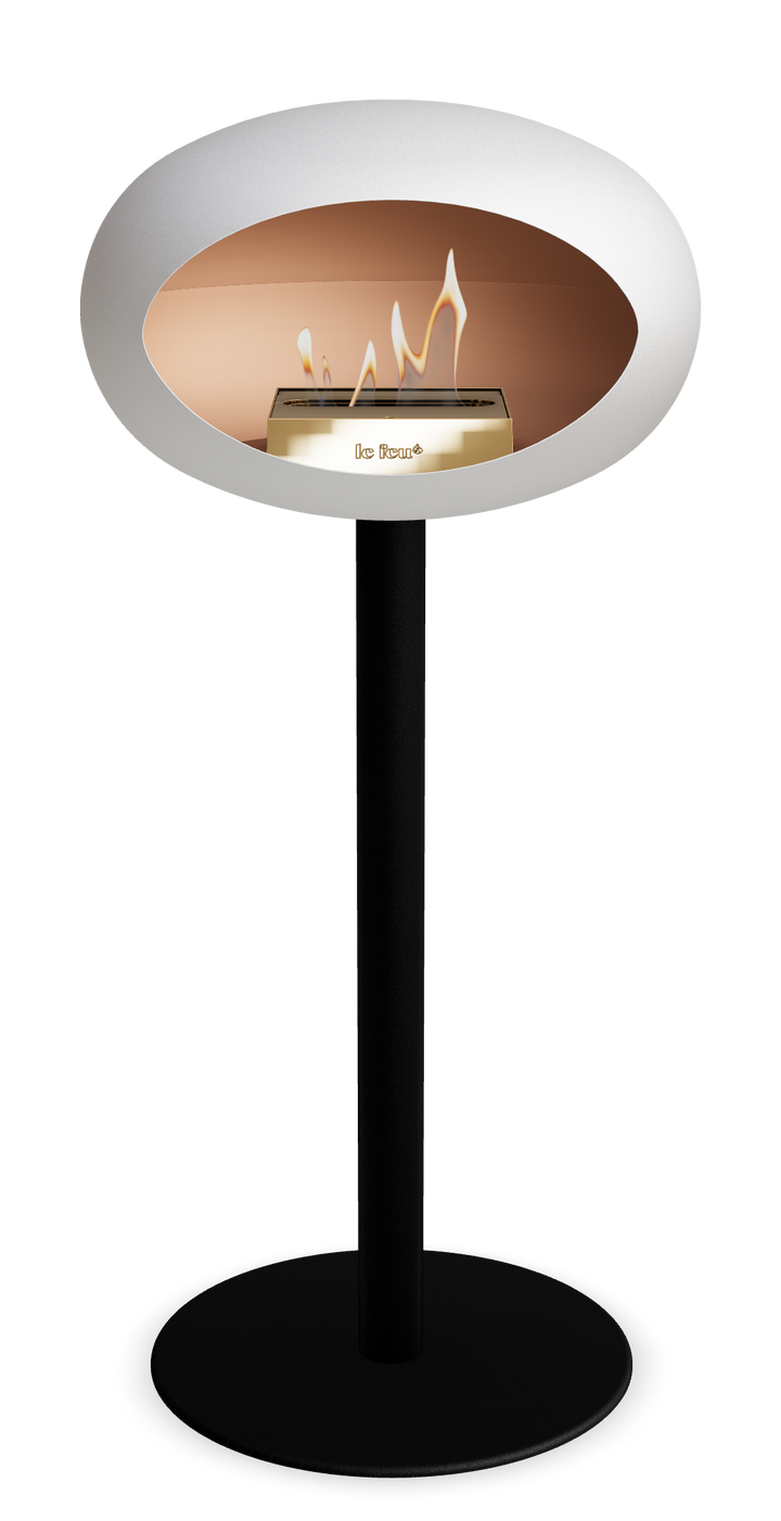 Le Feu GROUND STEEL HIGH Weiss Ø 60 mm – Rohr Schwarz, Brenner Roségold, Bodenplatte Schwarz