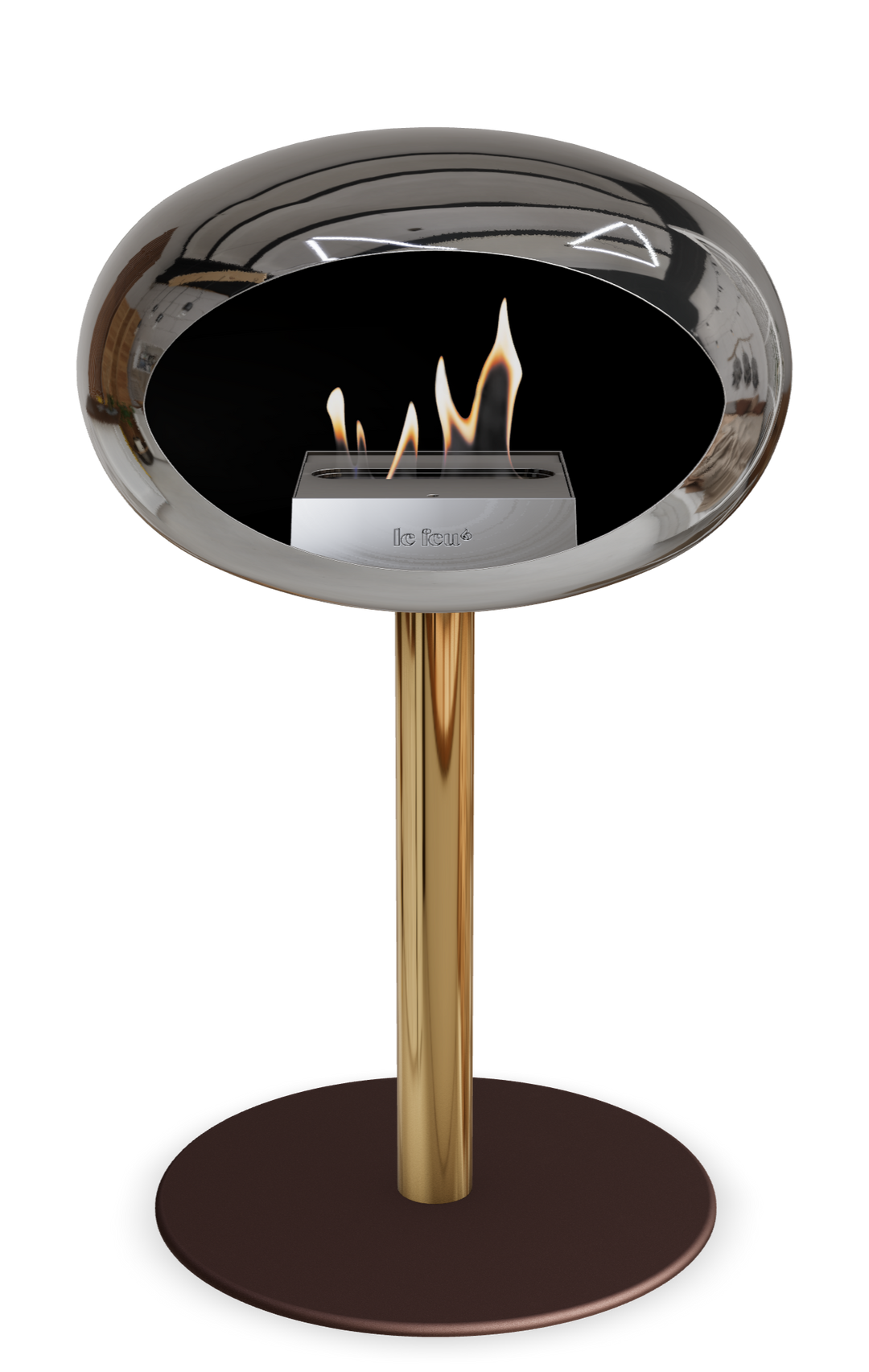 Le Feu GROUND STEEL LOW Chrom Silber Ø 60 mm – Rohr Roségold, Brenner Edelstahl, Bodenplatte Mokka