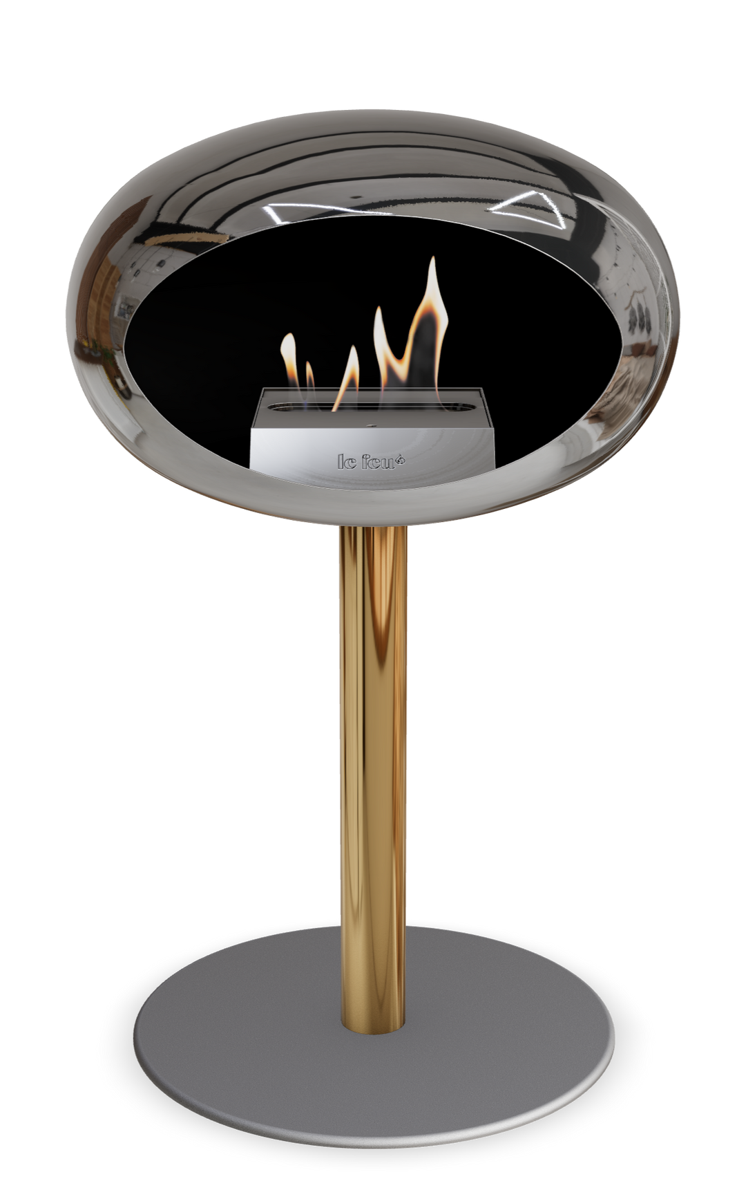 Le Feu GROUND STEEL LOW Chrom Silber Ø 60 mm – Rohr Roségold, Brenner Edelstahl, Bodenplatte Nickel