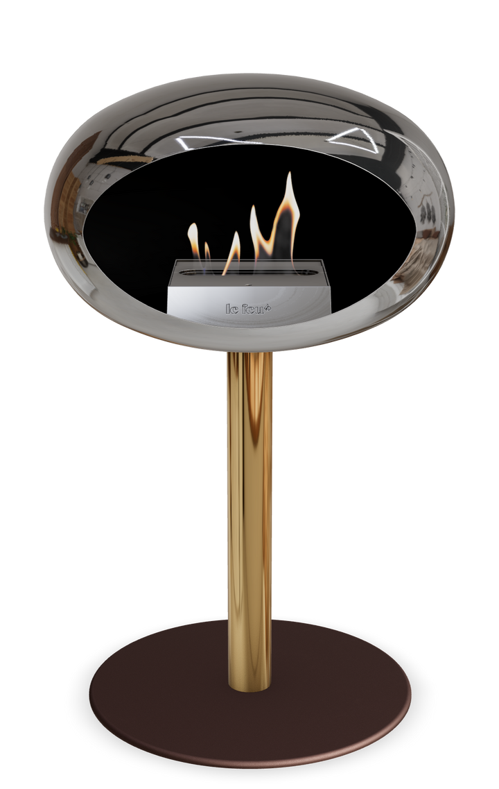 Le Feu GROUND STEEL LOW Chrom Silber Ø 60 mm – Rohr Roségold, Brenner Roségold, Bodenplatte Mokka