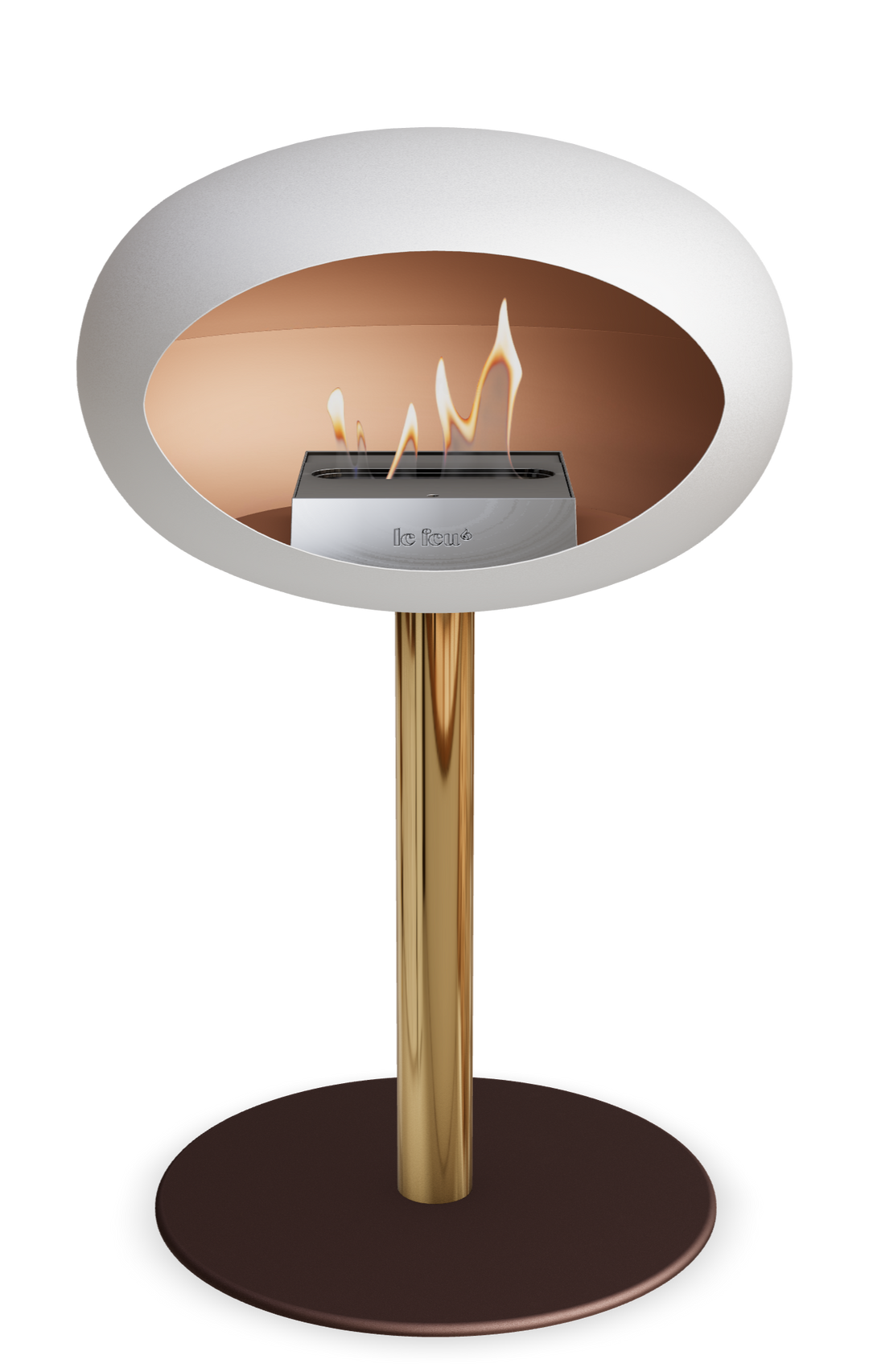 Le Feu GROUND STEEL LOW Weiss Ø 60 mm – Rohr Roségold, Brenner Edelstahl, Bodenplatte Mokka
