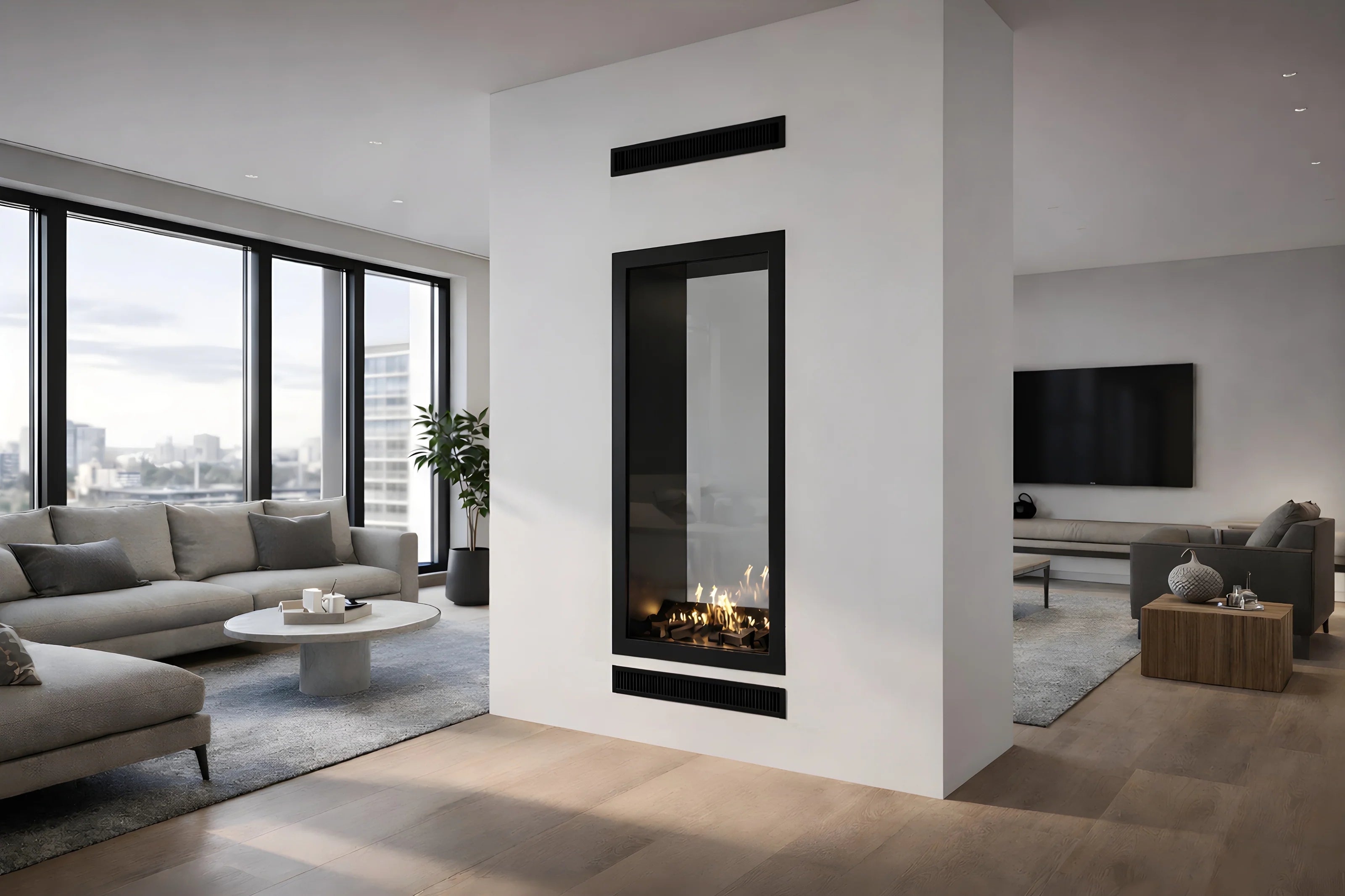 Raumteiler Wohnzimmer mit Bioethanol Einbau Tunnelkamin Vollglas Vertikal FAME Wild Flame