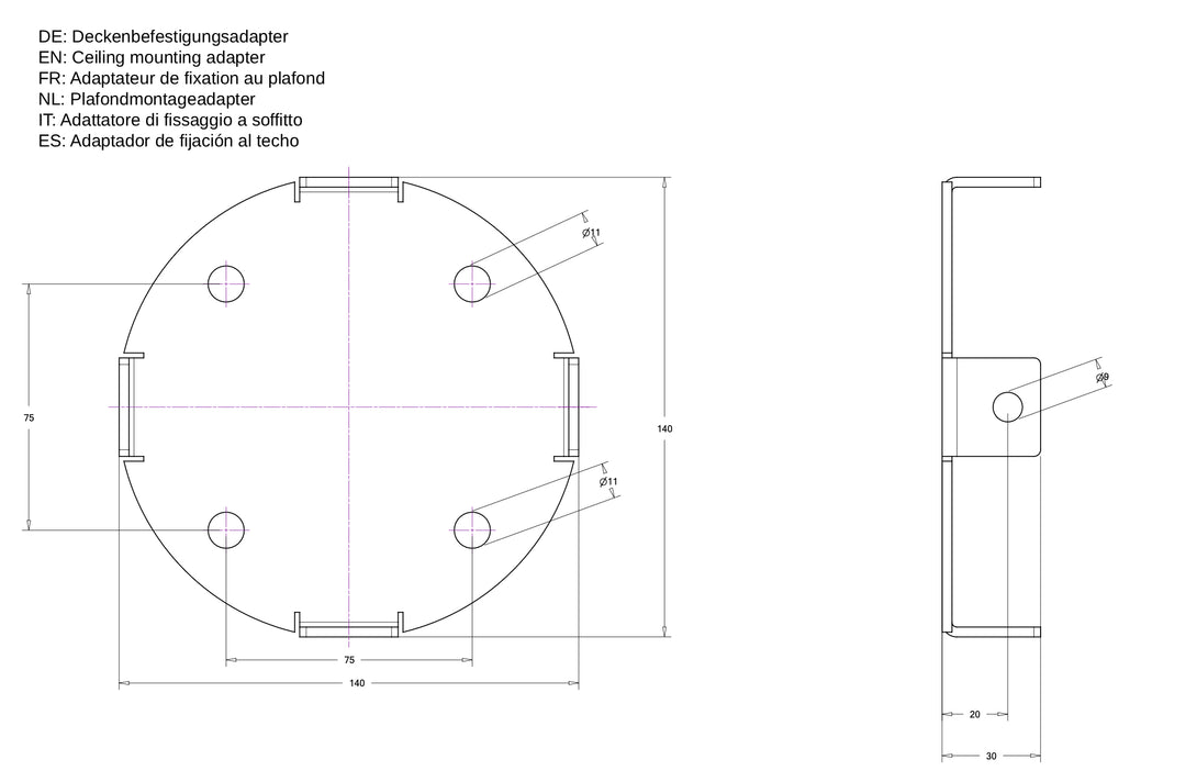 Technische Zeichnung Bioethanol Deckenkamin Befestigungsadapter Deckenmontage Kamine von Wild Flame Biokamin
