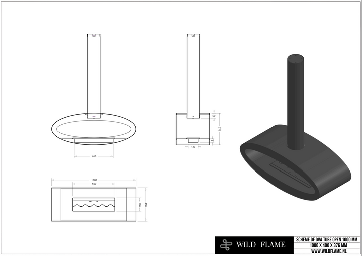 Technische Zeichnung Bioethanol Deckenkamin Haengekamin Decke Kamin Ethanol Deckenmontage TUBE 2Side 100cm Wild Flame