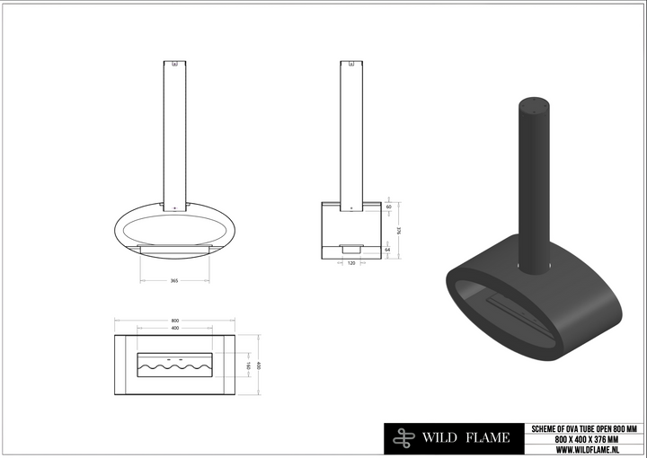 Technische Zeichnung Bioethanol Deckenkamin Haengekamin Decke Kamin Ethanol Deckenmontage TUBE 2Side Schwarz 80cm Wild Flame