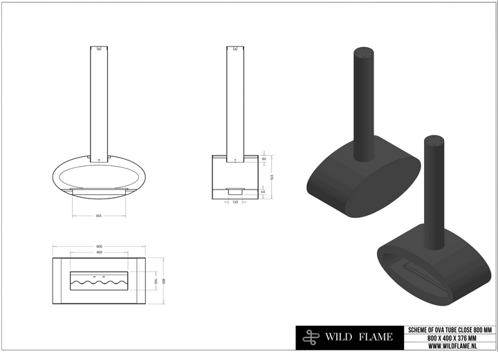 Technische Zeichnung Bioethanol Deckenkamin Haengekamin Decke Kamin Ethanol Deckenmontage TUBE Schwarz 80cm Wild Flame