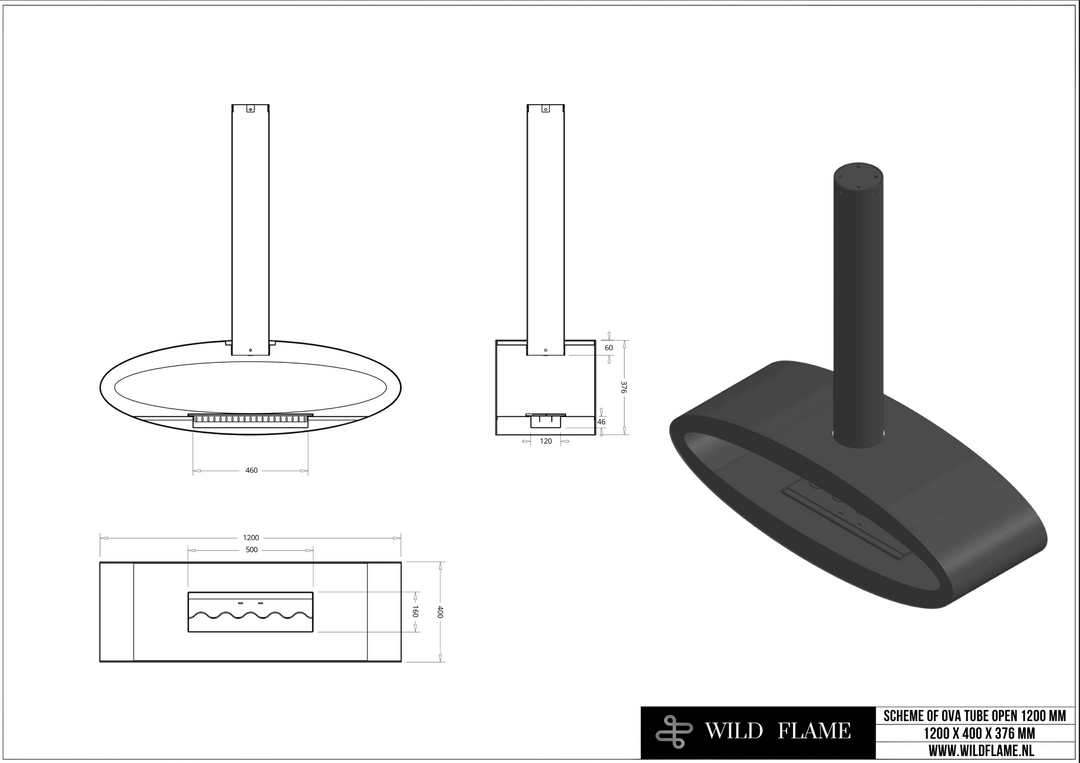 Technische Zeichnung Bioethanol Deckenkamin Haengekamin Ethanol Kamin Decke TUBE 2SIDE XXL 120cm Wild Flame Deckenmontage Oval
