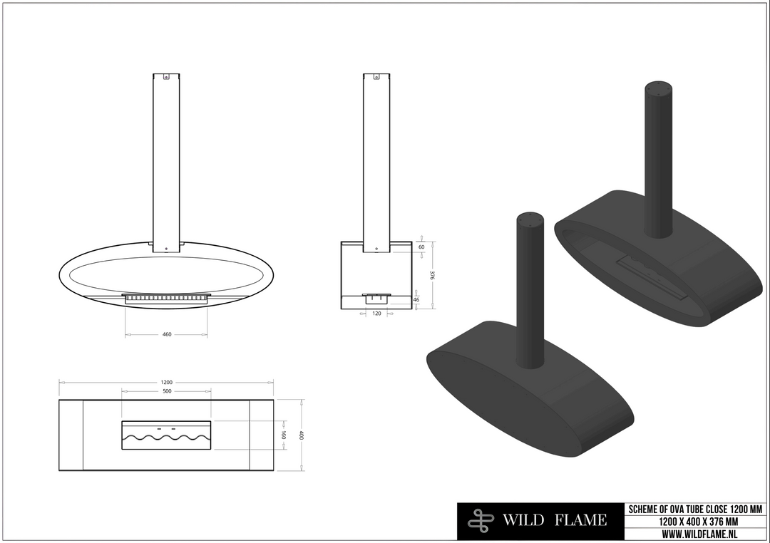 Technische Zeichnung Bioethanol Deckenkamin Haengekamin Ethanol Kamin Decke TUBE XXL 120cm Wild Flame Deckenmontag Oval