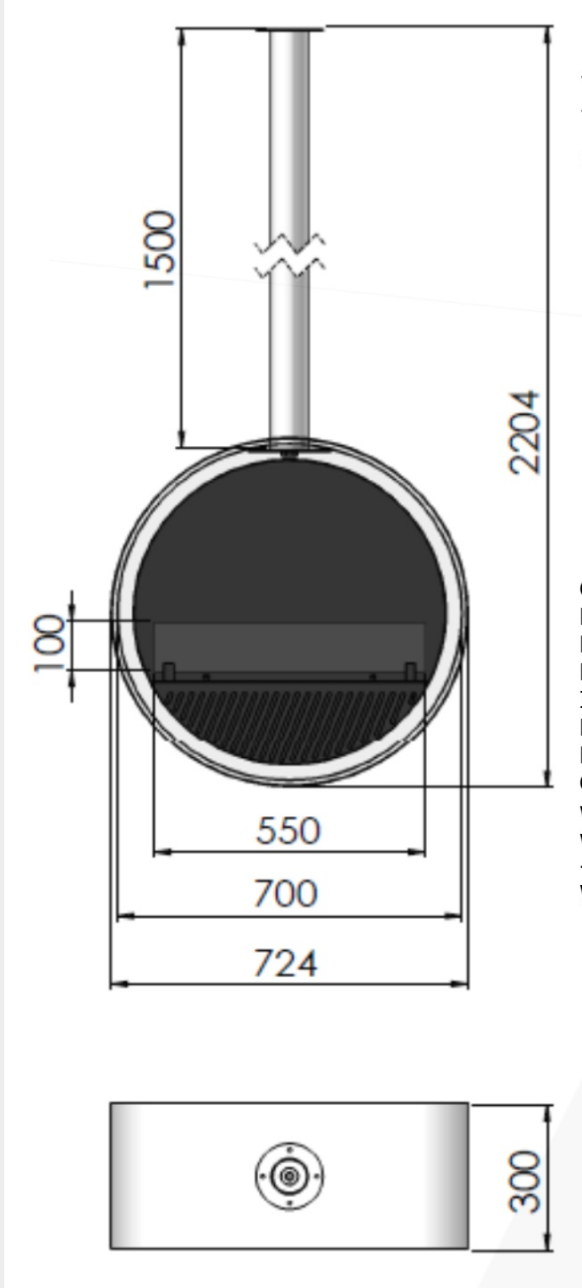 Technische Zeichnung Bioethanol Deckenkamin INCYCLE Slim InFire SlimFire Bio Ethanol Decke Deckenmontage Kamin Ofen
