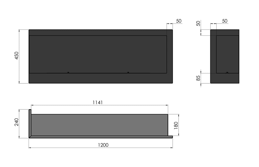 Technische Zeichnung Bioethanol Eck Einbaukamin CORNER 1200 L Ecke Links SimpleFire InFire