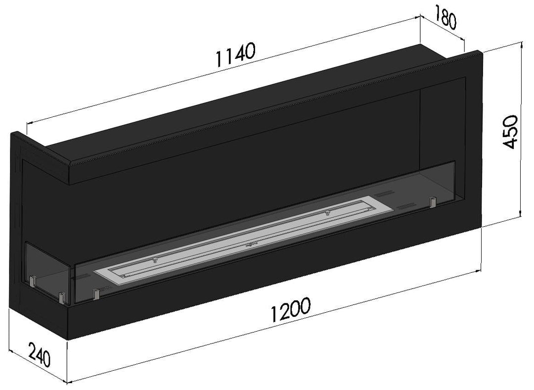 Technische Zeichnung Bioethanol Eck Einbaukamin CORNER 1200 L Ecke Links SimpleFire InFire mit Glas
