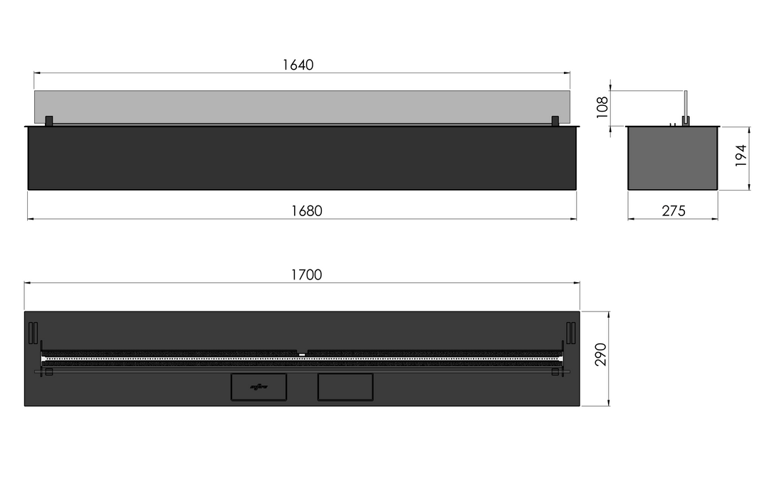 Technische Zeichnung Bioethanol Einbau Brenner Einsatz Kassette ETRONIC 1700 von InFire App Steuerung Pumpe Automatisch 