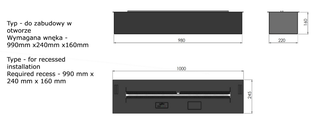 Technische Zeichnung Bioethanol Einbau Brenner Einsatz Kassette ETRONIC BASIC 1000 von InFire App Steuerung Pumpe Automatisch SmartFire