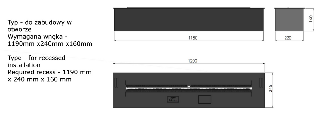 Technische Zeichnung Bioethanol Einbau Brenner Einsatz Kassette ETRONIC BASIC 1200 von InFire App Steuerung Pumpe Automatisch SmartFire