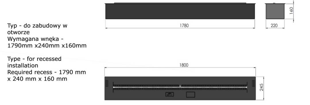 Technische Zeichnung Bioethanol Einbau Brenner Einsatz Kassette ETRONIC BASIC 1800 von InFire App Steuerung Pumpe Automatisch SmartFire