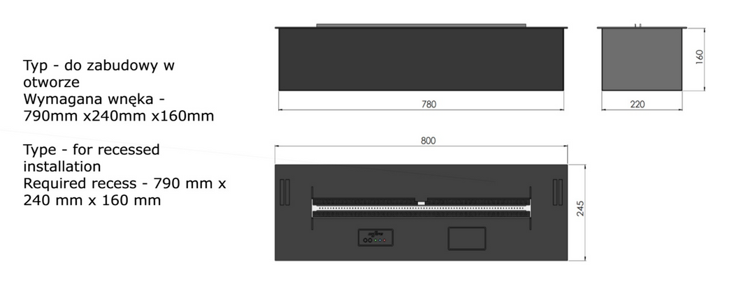 Technische Zeichnung Bioethanol Einbau Brenner Einsatz Kassette ETRONIC BASIC 800 von InFire App Steuerung Pumpe Automatisch 