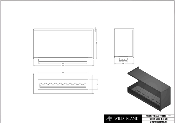Technische Zeichnung Bioethanol Einbau Eckkamin BASE L130 Links 130cm von Wild Flame Bio Ethanol Einbau Ofen Ecke mit Glas