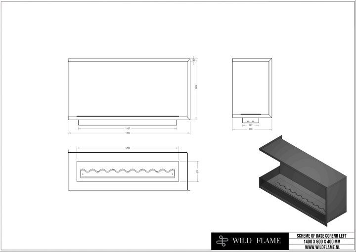Technische Zeichnung Bioethanol Einbau Eckkamin BASE L140 Links 140cm von Wild Flame Bio Ethanol Einbau Ofen Ecke mit Glas