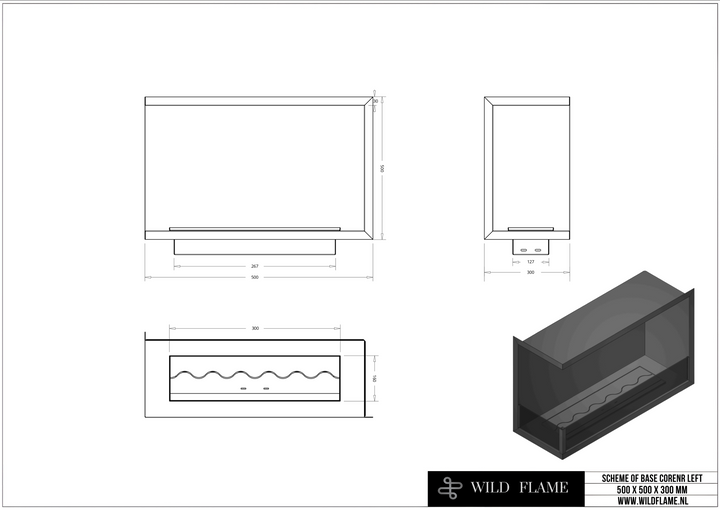 Technische Zeichnung Bioethanol Einbau Eckkamin BASE L50 von Wild Flame Bio Ethanol Einbau Ofen Ecke mit Glas