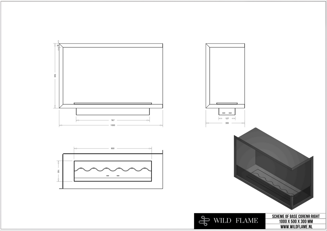 Technische Zeichnung Bioethanol Einbau Eckkamin BASE R100 Rechts 100cm von Wild Flame Bio Ethanol Einbau Ofen Ecke mit Glas