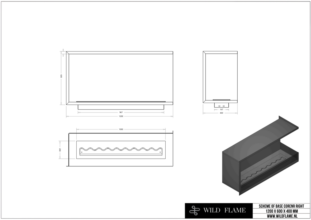 Technische Zeichnung Bioethanol Einbau Eckkamin BASE R120 Rechts 120cm von Wild Flame Bio Ethanol Einbau Ofen Ecke mit Glas