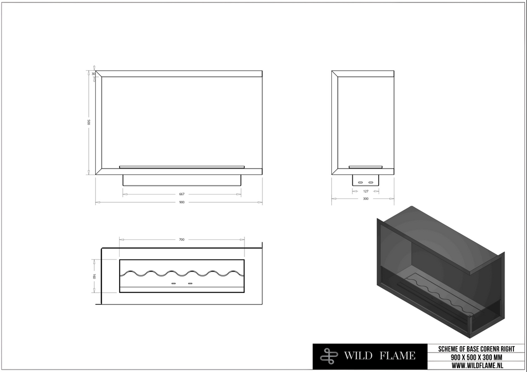 Technische Zeichnung Bioethanol Einbau Eckkamin BASE R90 Rechts 90cm von Wild Flame Bio Ethanol Einbau Ofen Ecke mit Glas