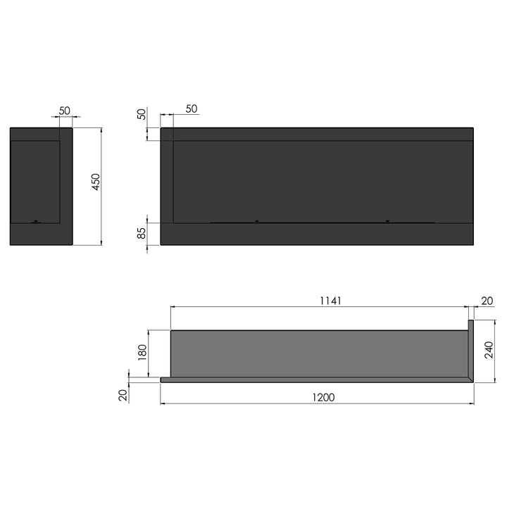Technische Zeichnung Bioethanol Einbau Eckkamin CORNER R1200 120cm SimpleFire InFire Ecke Rechts mit Glas