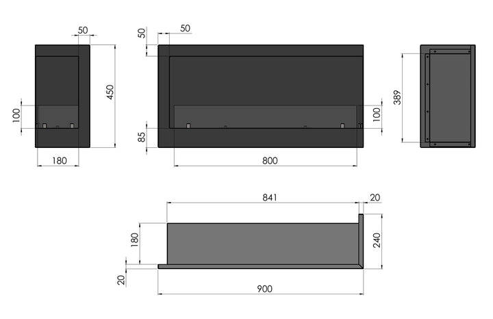 Technische Zeichnung Bioethanol Einbau Eckkamin Corner 900 Rechts SimpleFire InFire mit Glas